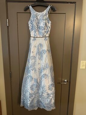Cachet Prom Dress Size 4 Blue Sparkly Tulle Corset Back A Line Formal Gown